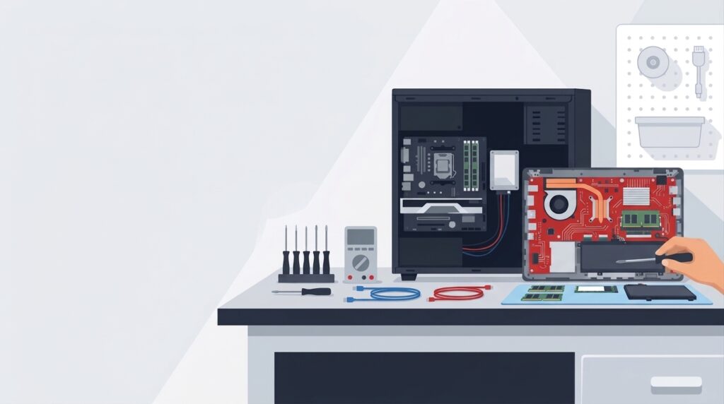 Illustrazione di un banco da lavoro con computer e laptop aperti per la riparazione